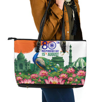 India 80th Independence Day Leather Tote Bag India Gate Peacock Lotus Heritage Landmarks