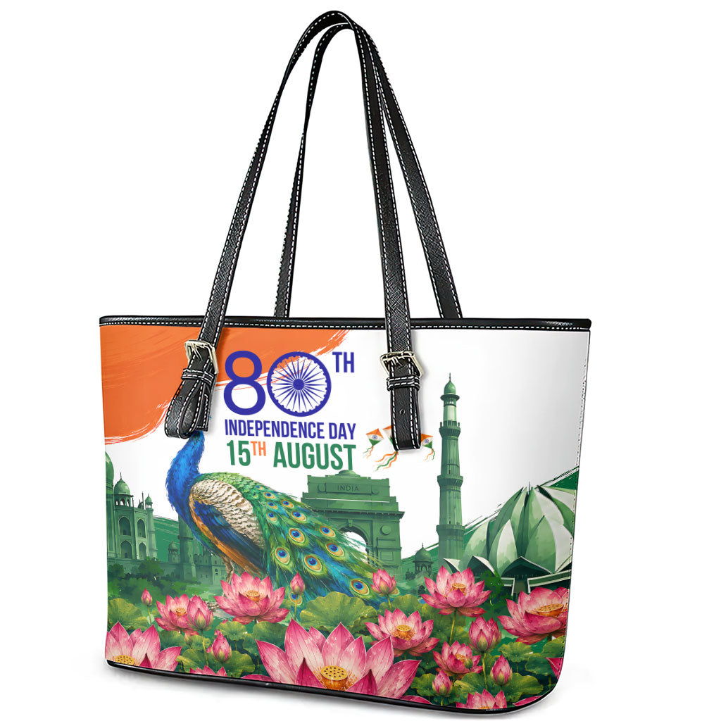 India 80th Independence Day Leather Tote Bag India Gate Peacock Lotus Heritage Landmarks