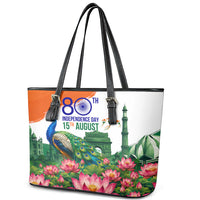 India 80th Independence Day Leather Tote Bag India Gate Peacock Lotus Heritage Landmarks