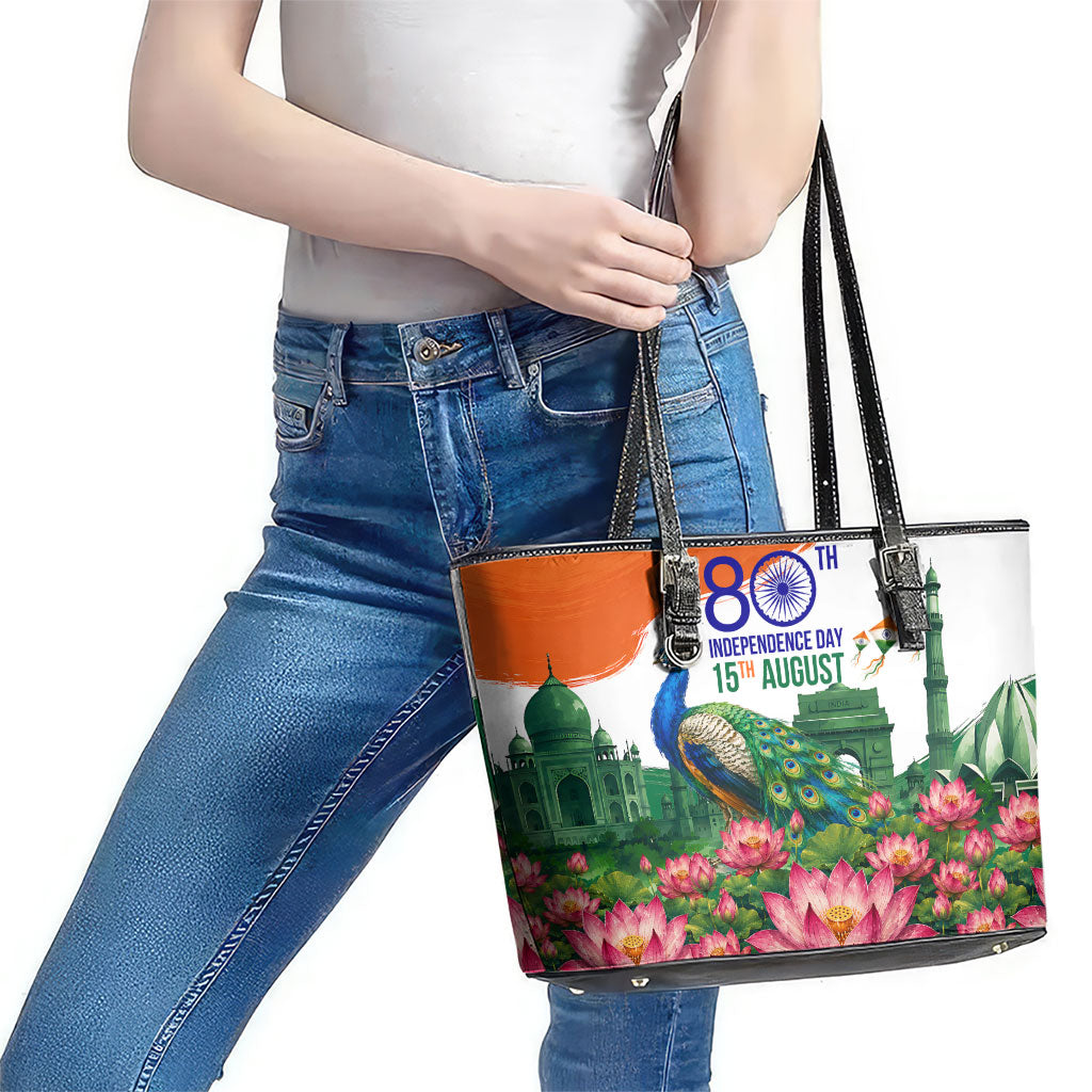 India 80th Independence Day Leather Tote Bag India Gate Peacock Lotus Heritage Landmarks