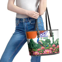India 80th Independence Day Leather Tote Bag India Gate Peacock Lotus Heritage Landmarks