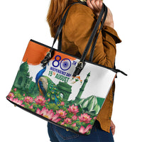 India 80th Independence Day Leather Tote Bag India Gate Peacock Lotus Heritage Landmarks