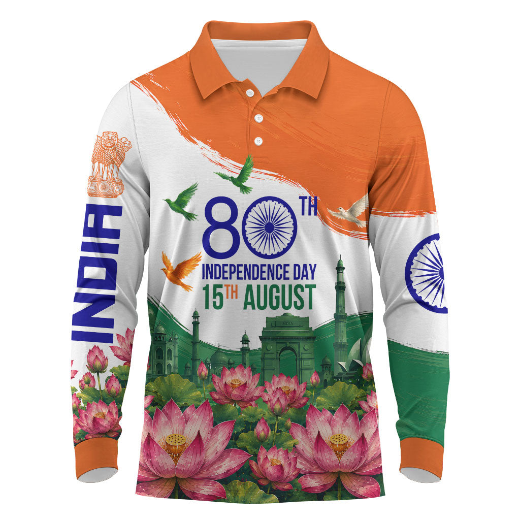 India 80th Independence Day Long Sleeve Polo Shirt India Gate Peacock Lotus Heritage Landmarks