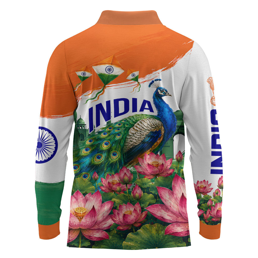 India 80th Independence Day Long Sleeve Polo Shirt India Gate Peacock Lotus Heritage Landmarks