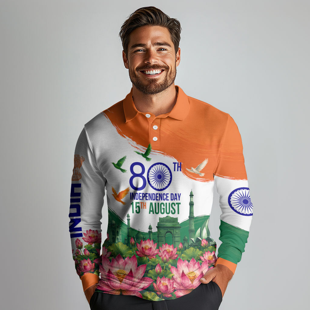 India 80th Independence Day Long Sleeve Polo Shirt India Gate Peacock Lotus Heritage Landmarks