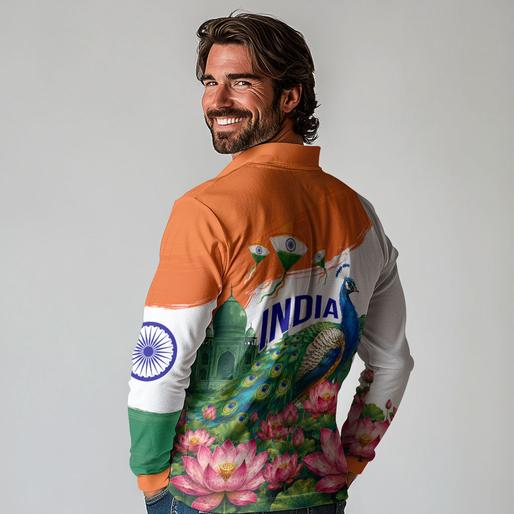 India 80th Independence Day Long Sleeve Polo Shirt India Gate Peacock Lotus Heritage Landmarks