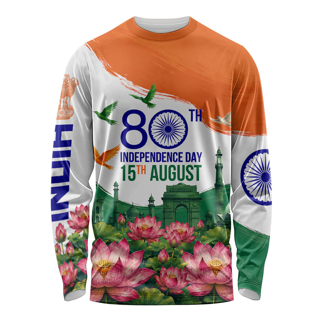 India 80th Independence Day Long Sleeve Shirt India Gate Peacock Lotus Heritage Landmarks