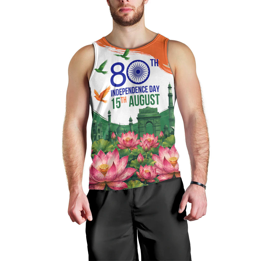 India 80th Independence Day Men Tank Top India Gate Peacock Lotus Heritage Landmarks