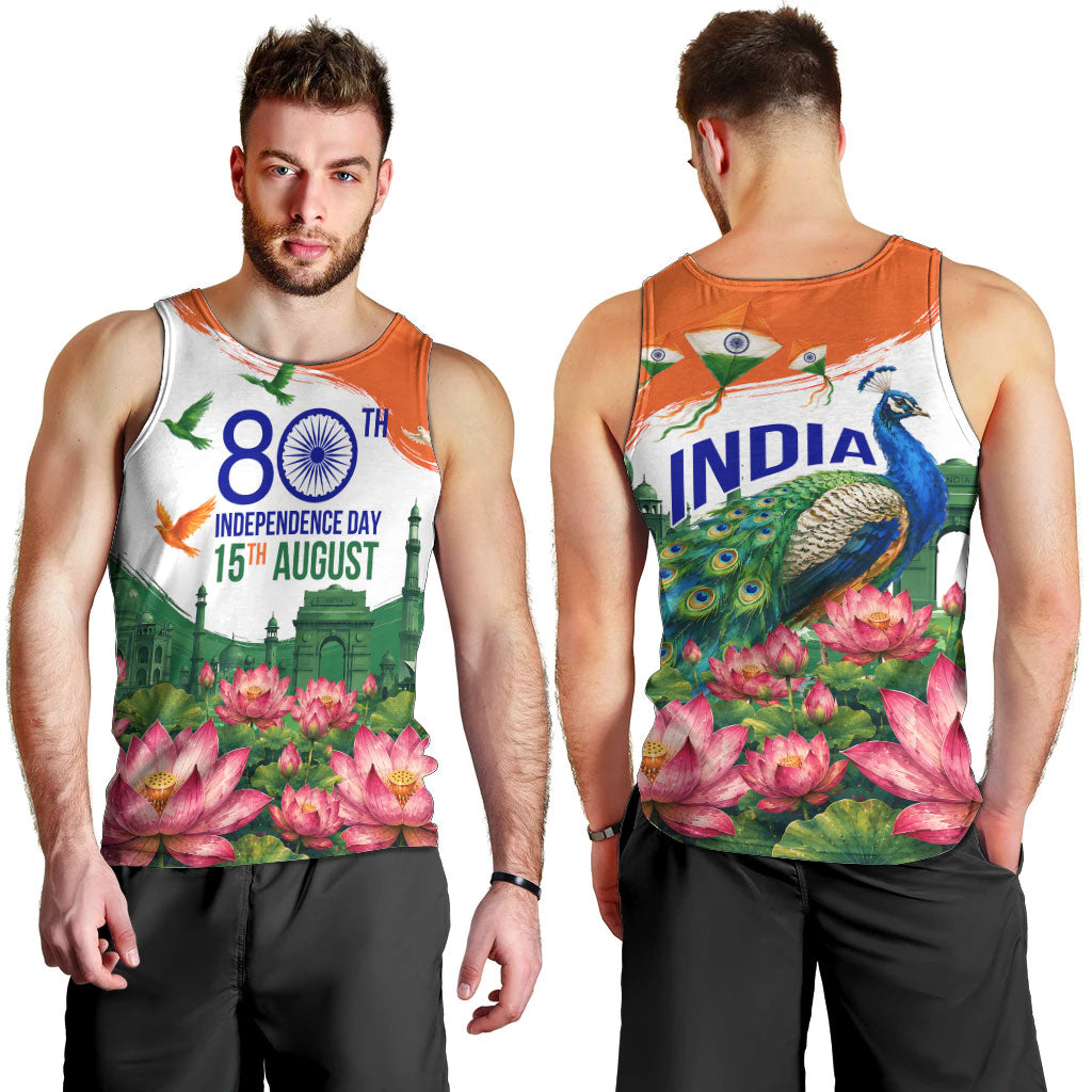 India 80th Independence Day Men Tank Top India Gate Peacock Lotus Heritage Landmarks
