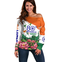 India 80th Independence Day Off Shoulder Sweater India Gate Peacock Lotus Heritage Landmarks
