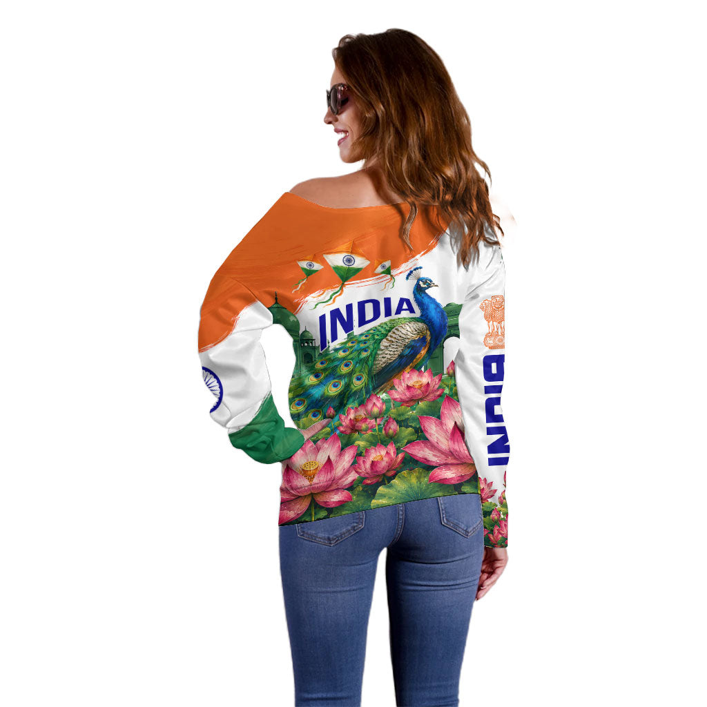 India 80th Independence Day Off Shoulder Sweater India Gate Peacock Lotus Heritage Landmarks
