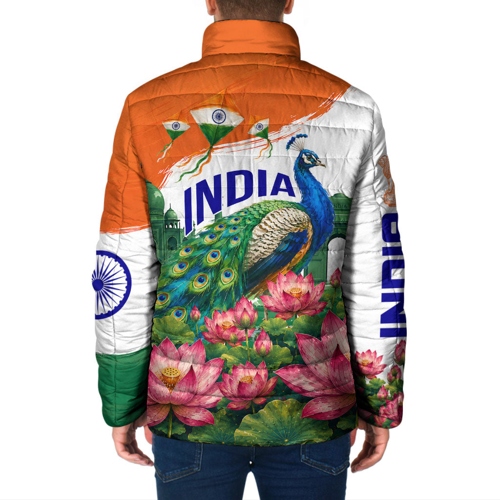 India 80th Independence Day Padded Jacket India Gate Peacock Lotus Heritage Landmarks