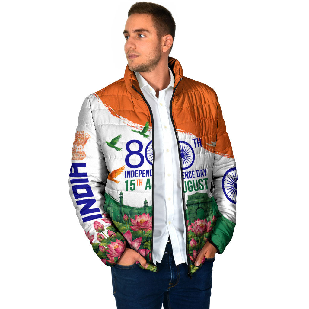 India 80th Independence Day Padded Jacket India Gate Peacock Lotus Heritage Landmarks