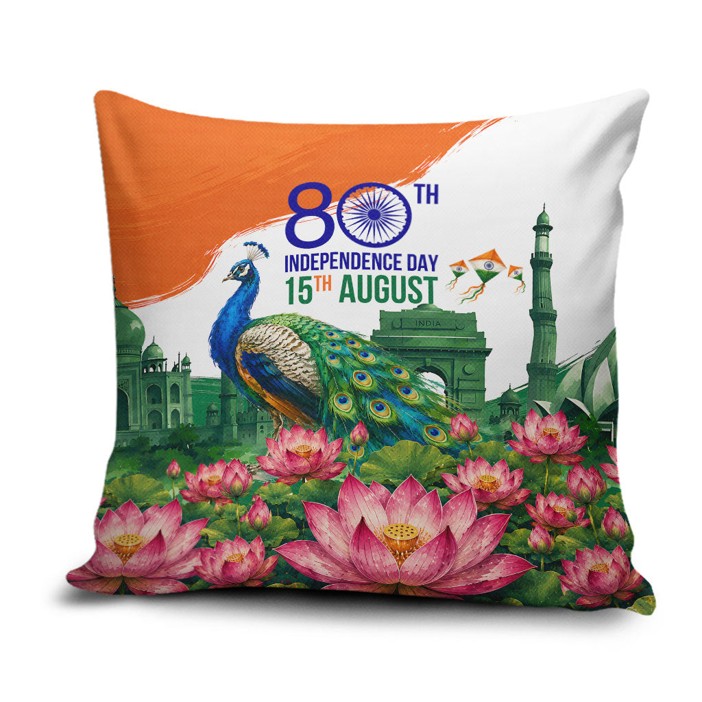 India 80th Independence Day Pillow Cover India Gate Peacock Lotus Heritage Landmarks