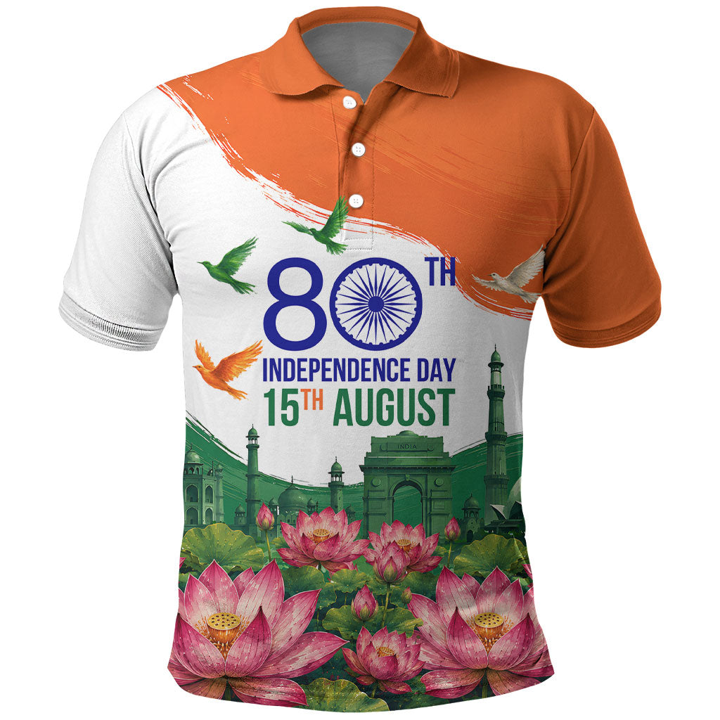 India 80th Independence Day Polo Shirt India Gate Peacock Lotus Heritage Landmarks