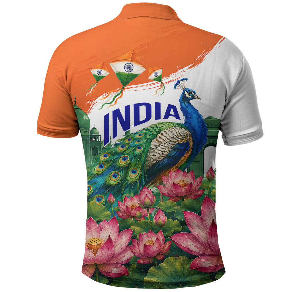 India 80th Independence Day Polo Shirt India Gate Peacock Lotus Heritage Landmarks