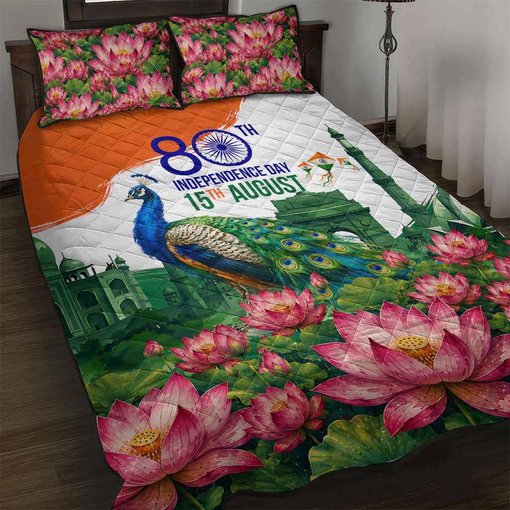 India 80th Independence Day Quilt Bed Set India Gate Peacock Lotus Heritage Landmarks
