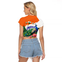 India 80th Independence Day Raglan Cropped T Shirt India Gate Peacock Lotus Heritage Landmarks