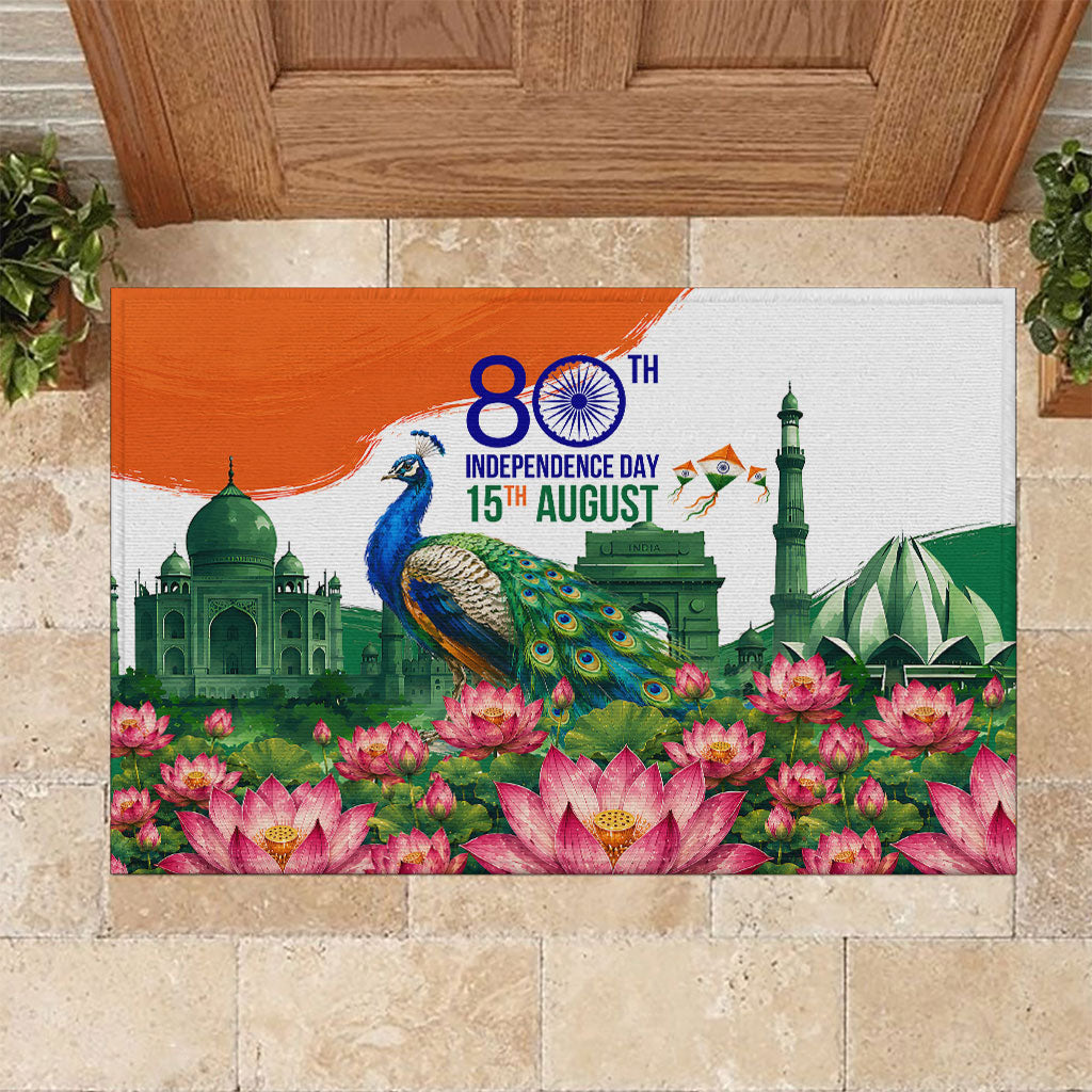 India 80th Independence Day Rubber Doormat India Gate Peacock Lotus Heritage Landmarks
