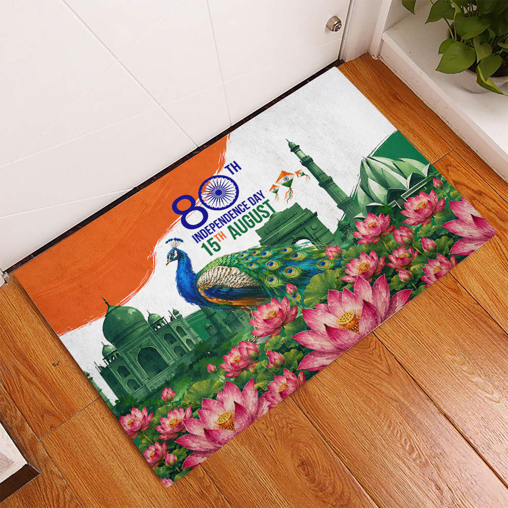 India 80th Independence Day Rubber Doormat India Gate Peacock Lotus Heritage Landmarks