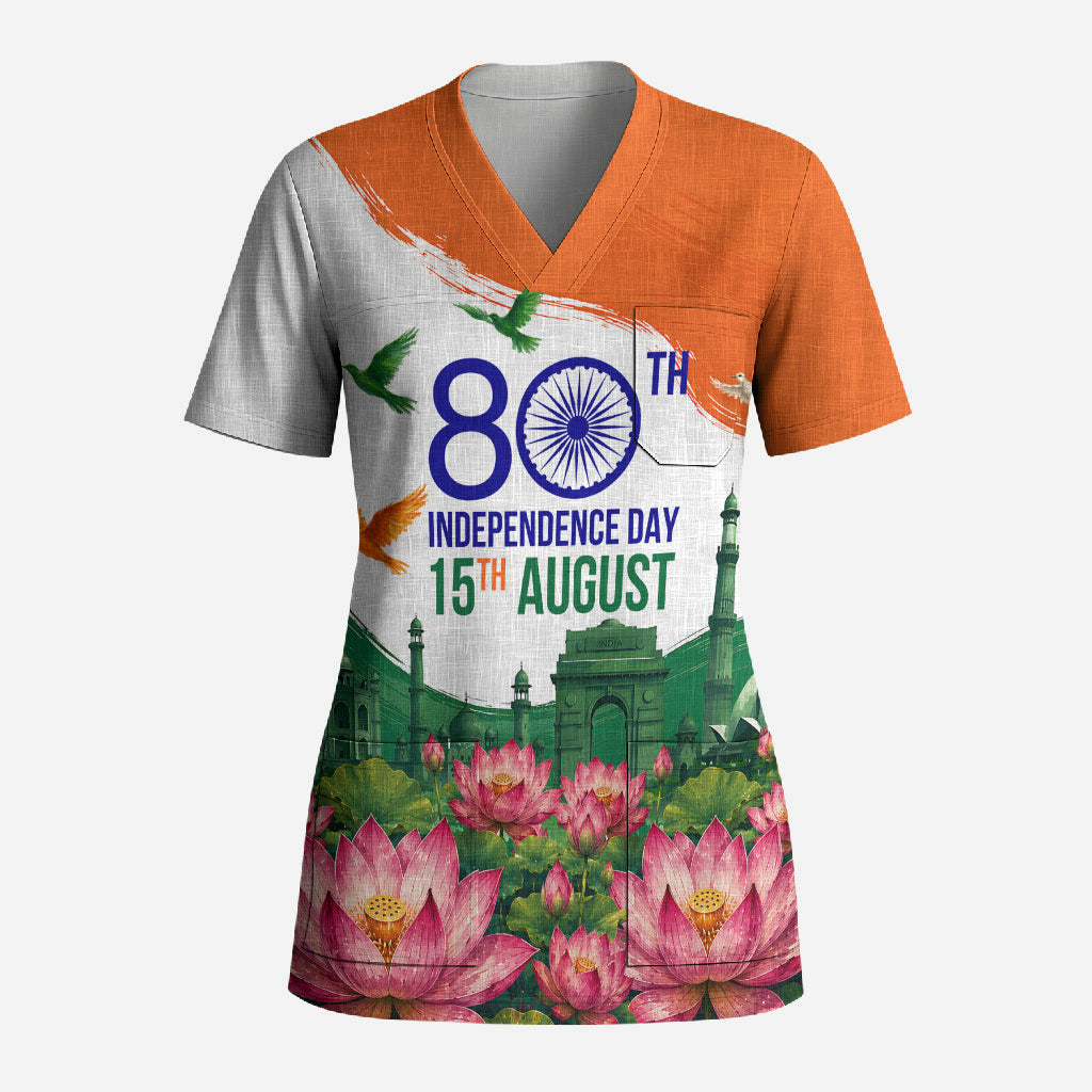 India 80th Independence Day Scrub Top India Gate Peacock Lotus Heritage Landmarks