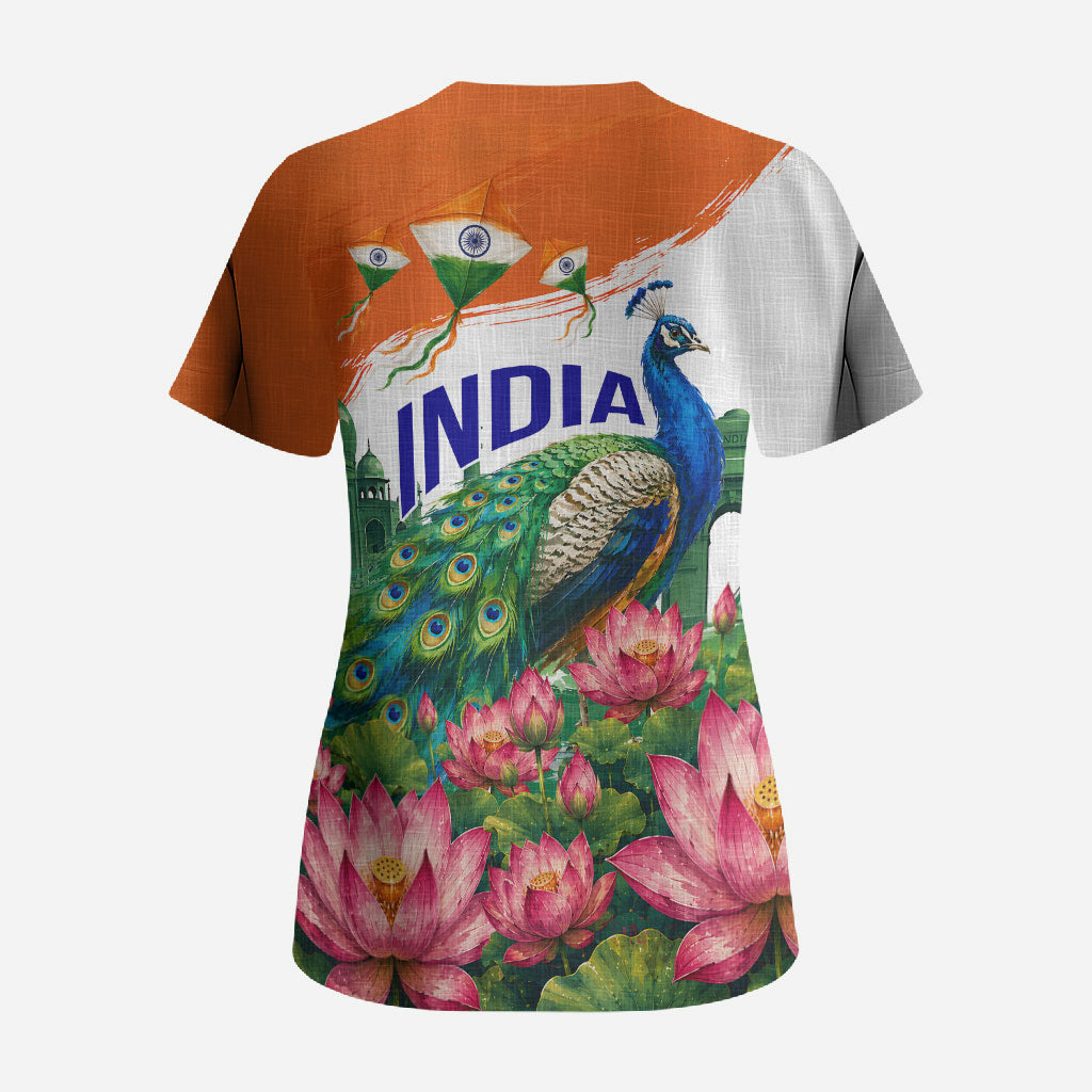 India 80th Independence Day Scrub Top India Gate Peacock Lotus Heritage Landmarks