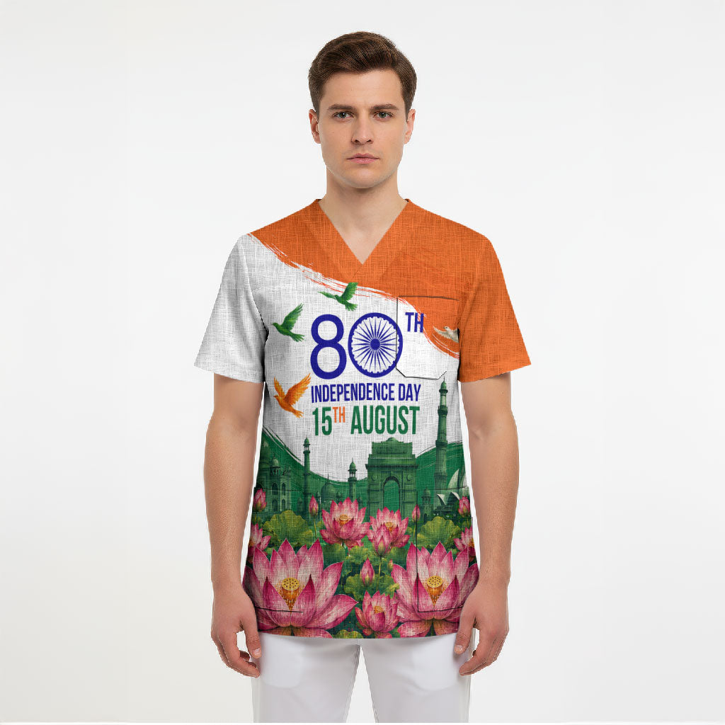 India 80th Independence Day Scrub Top India Gate Peacock Lotus Heritage Landmarks