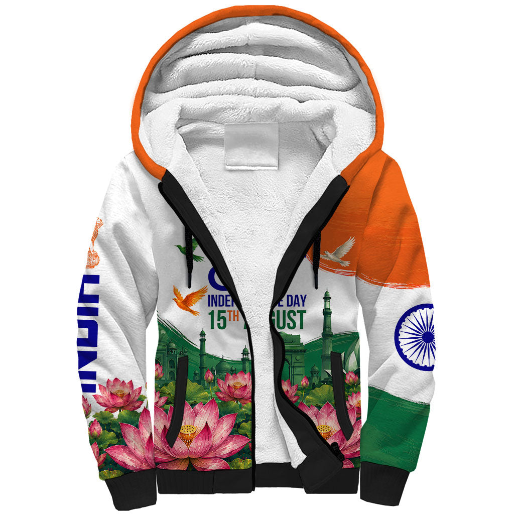 India 80th Independence Day Sherpa Hoodie India Gate Peacock Lotus Heritage Landmarks