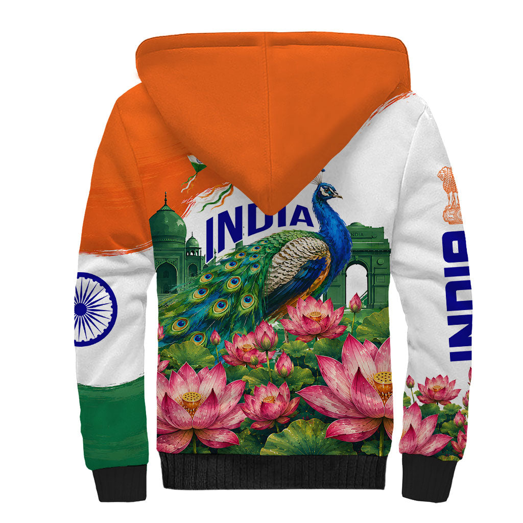 India 80th Independence Day Sherpa Hoodie India Gate Peacock Lotus Heritage Landmarks