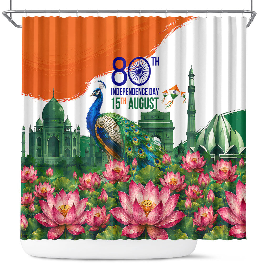 India 80th Independence Day Shower Curtain India Gate Peacock Lotus Heritage Landmarks
