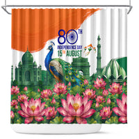 India 80th Independence Day Shower Curtain India Gate Peacock Lotus Heritage Landmarks