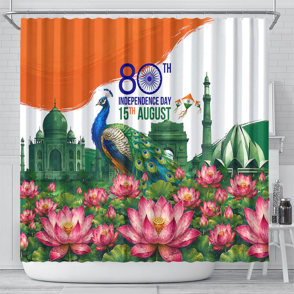 India 80th Independence Day Shower Curtain India Gate Peacock Lotus Heritage Landmarks