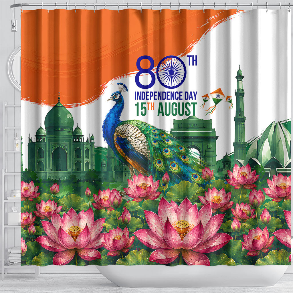 India 80th Independence Day Shower Curtain India Gate Peacock Lotus Heritage Landmarks