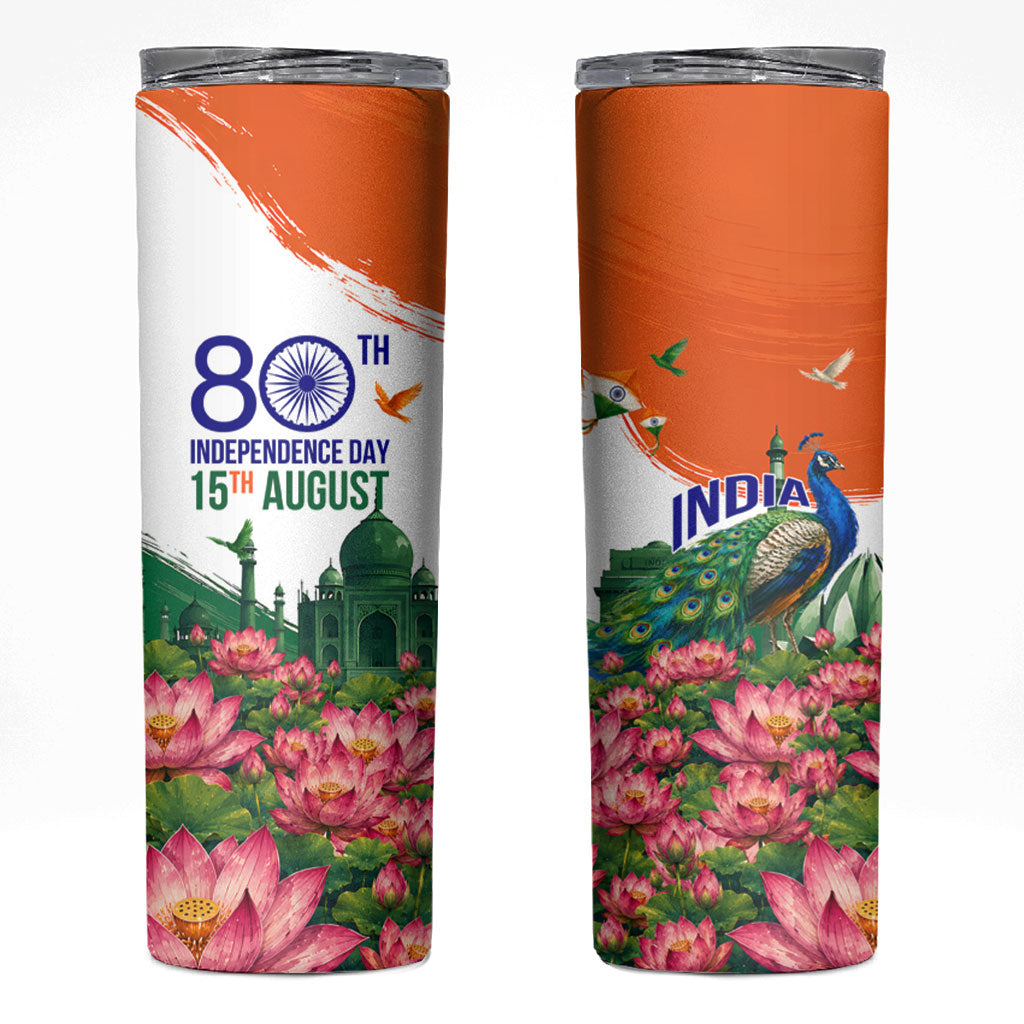 India 80th Independence Day Skinny Tumbler India Gate Peacock Lotus Heritage Landmarks