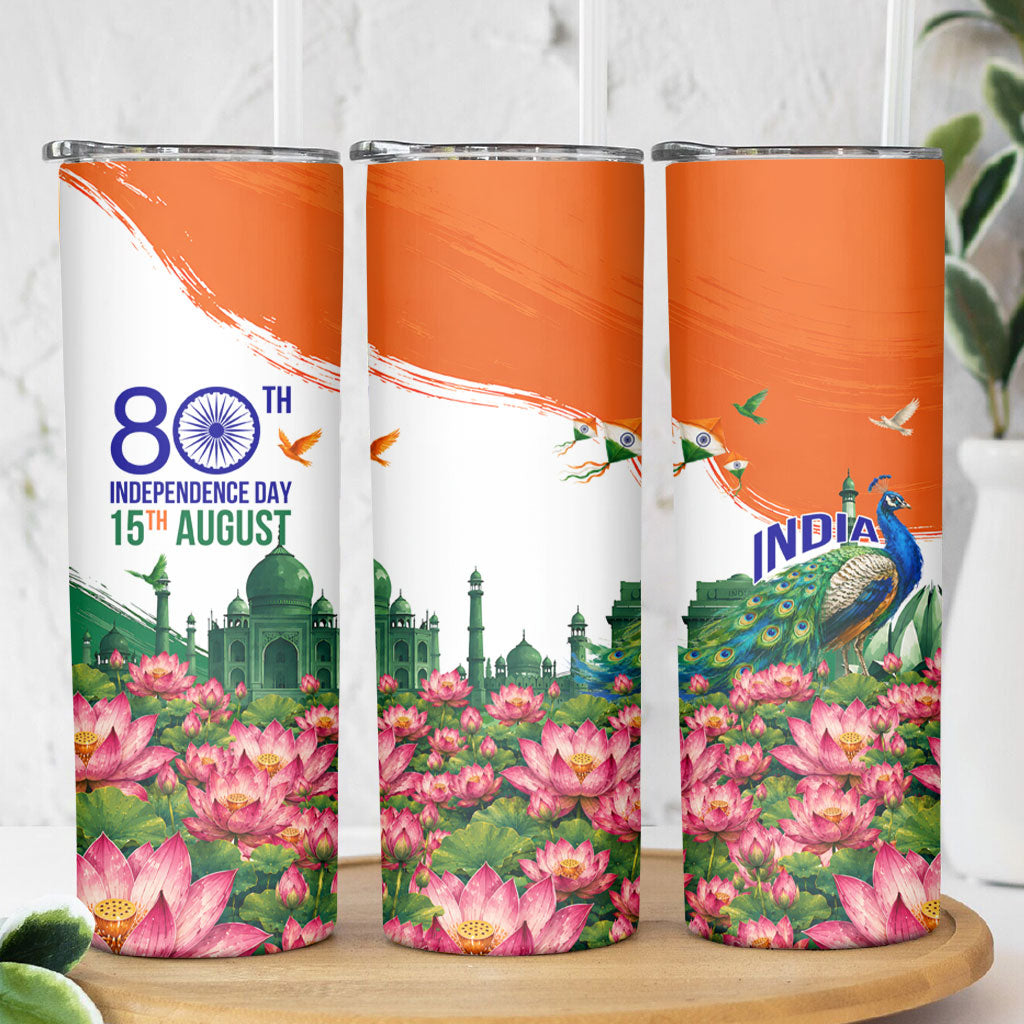 India 80th Independence Day Skinny Tumbler India Gate Peacock Lotus Heritage Landmarks