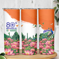 India 80th Independence Day Skinny Tumbler India Gate Peacock Lotus Heritage Landmarks