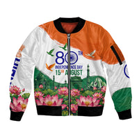 India 80th Independence Day Sleeve Zip Bomber Jacket India Gate Peacock Lotus Heritage Landmarks