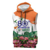 India 80th Independence Day Sleeveless Hoodie India Gate Peacock Lotus Heritage Landmarks