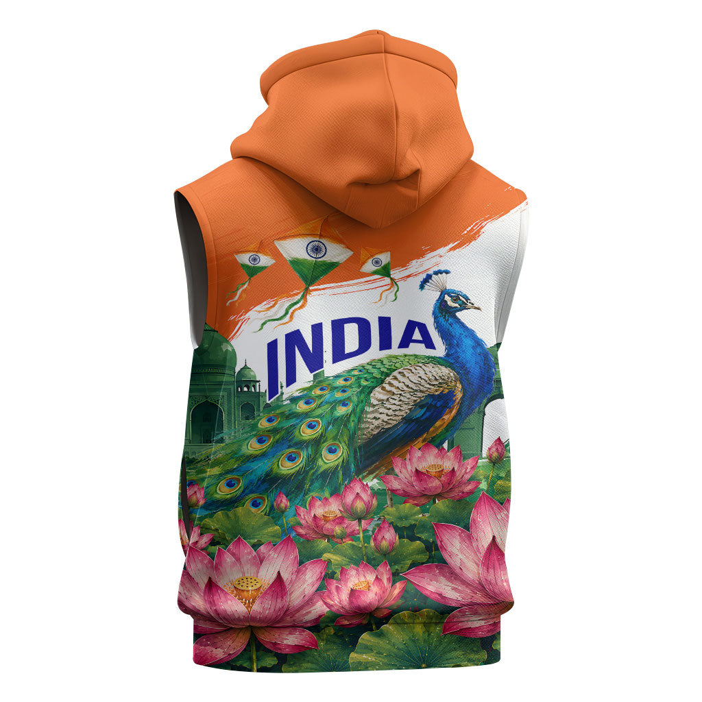 India 80th Independence Day Sleeveless Hoodie India Gate Peacock Lotus Heritage Landmarks