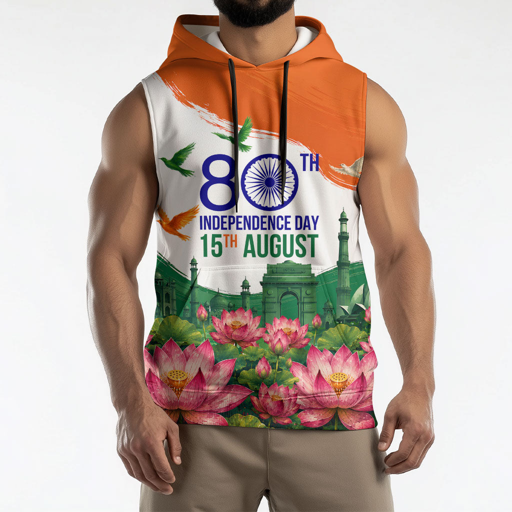 India 80th Independence Day Sleeveless Hoodie India Gate Peacock Lotus Heritage Landmarks