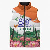 India 80th Independence Day Sleeveless Puffer Jacket India Gate Peacock Lotus Heritage Landmarks