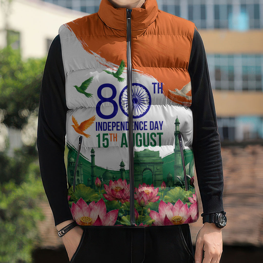 India 80th Independence Day Sleeveless Puffer Jacket India Gate Peacock Lotus Heritage Landmarks