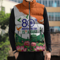 India 80th Independence Day Sleeveless Puffer Jacket India Gate Peacock Lotus Heritage Landmarks