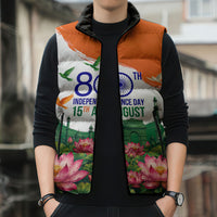 India 80th Independence Day Sleeveless Puffer Jacket India Gate Peacock Lotus Heritage Landmarks