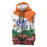 India 80th Independence Day Sleeveless Zip Hoodie India Gate Peacock Lotus Heritage Landmarks