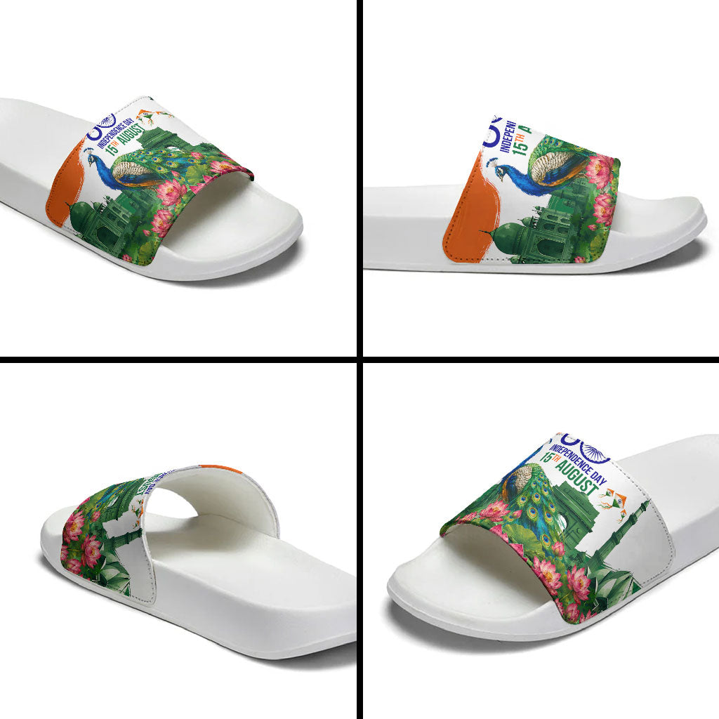 India 80th Independence Day Slide Sandals India Gate Peacock Lotus Heritage Landmarks