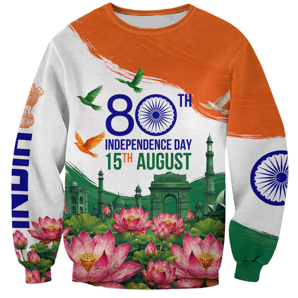 India 80th Independence Day Sweatshirt India Gate Peacock Lotus Heritage Landmarks