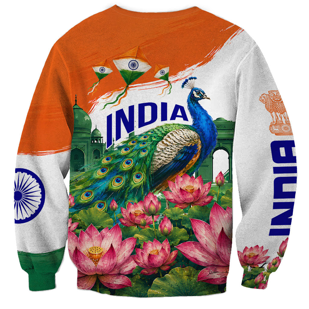 India 80th Independence Day Sweatshirt India Gate Peacock Lotus Heritage Landmarks
