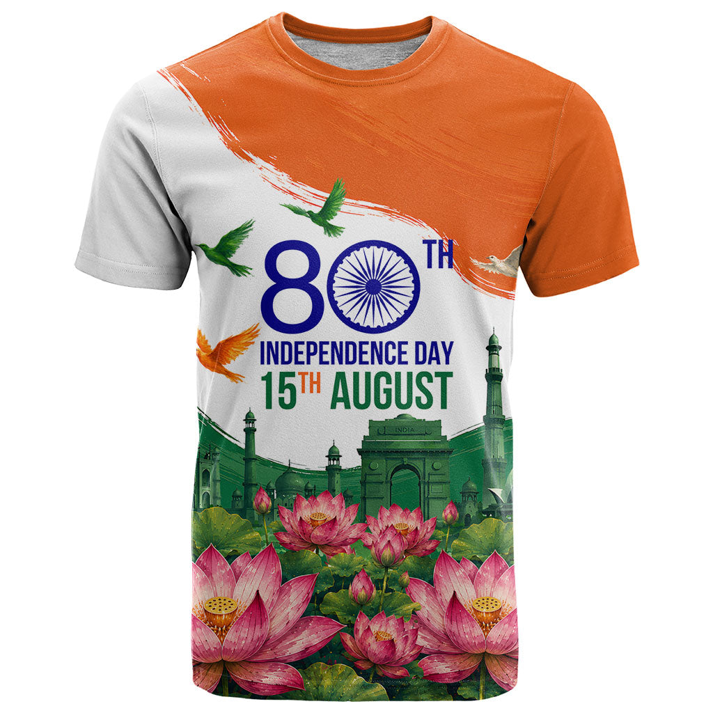 India 80th Independence Day T Shirt India Gate Peacock Lotus Heritage Landmarks