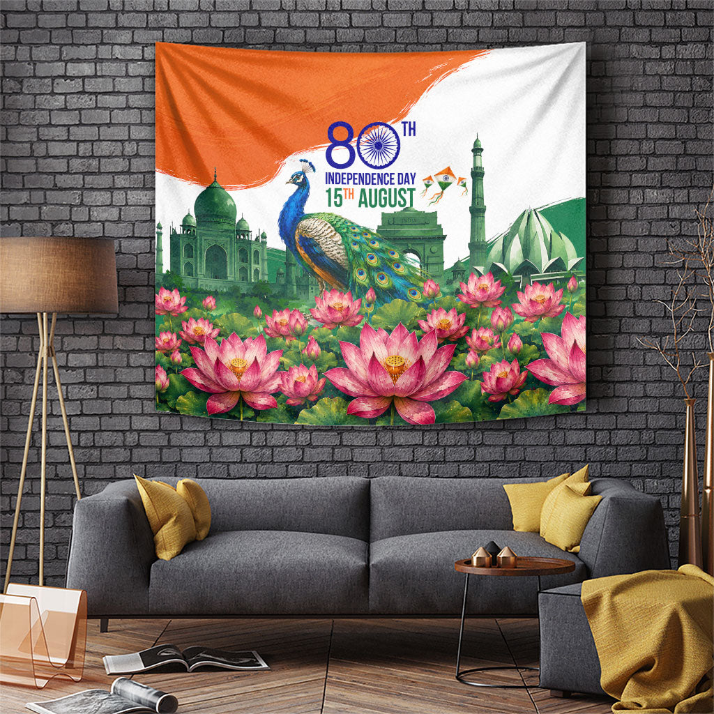 India 80th Independence Day Tapestry India Gate Peacock Lotus Heritage Landmarks